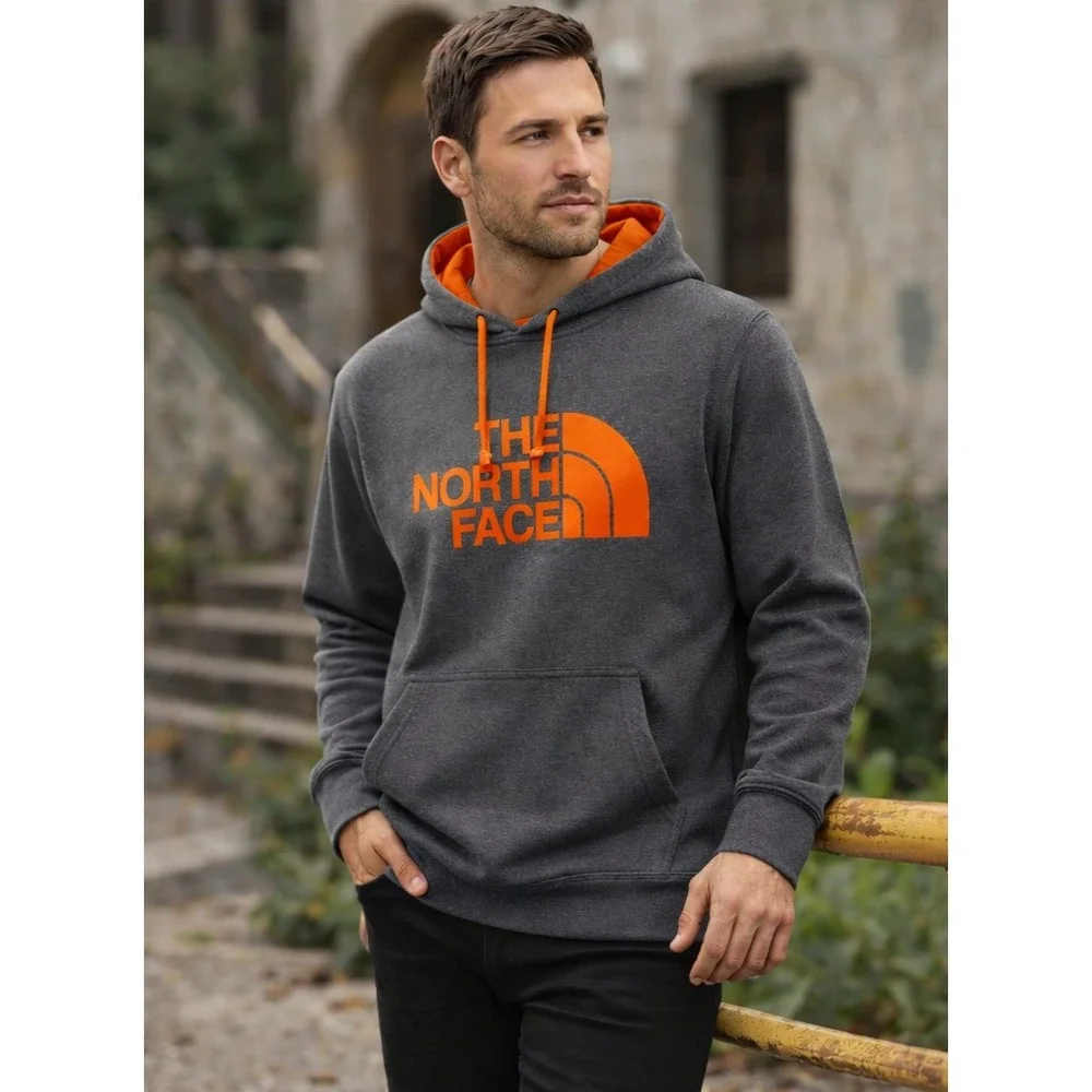 THE‎ NORTH FACE Gray Pullover Hoodie XL Orange Logo Classic